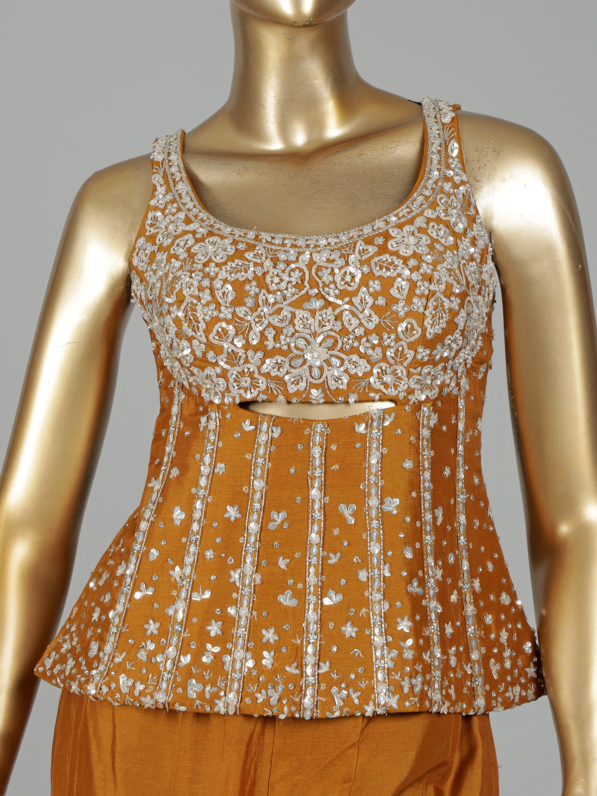 Rust orange silk palazzo suit with beadwork