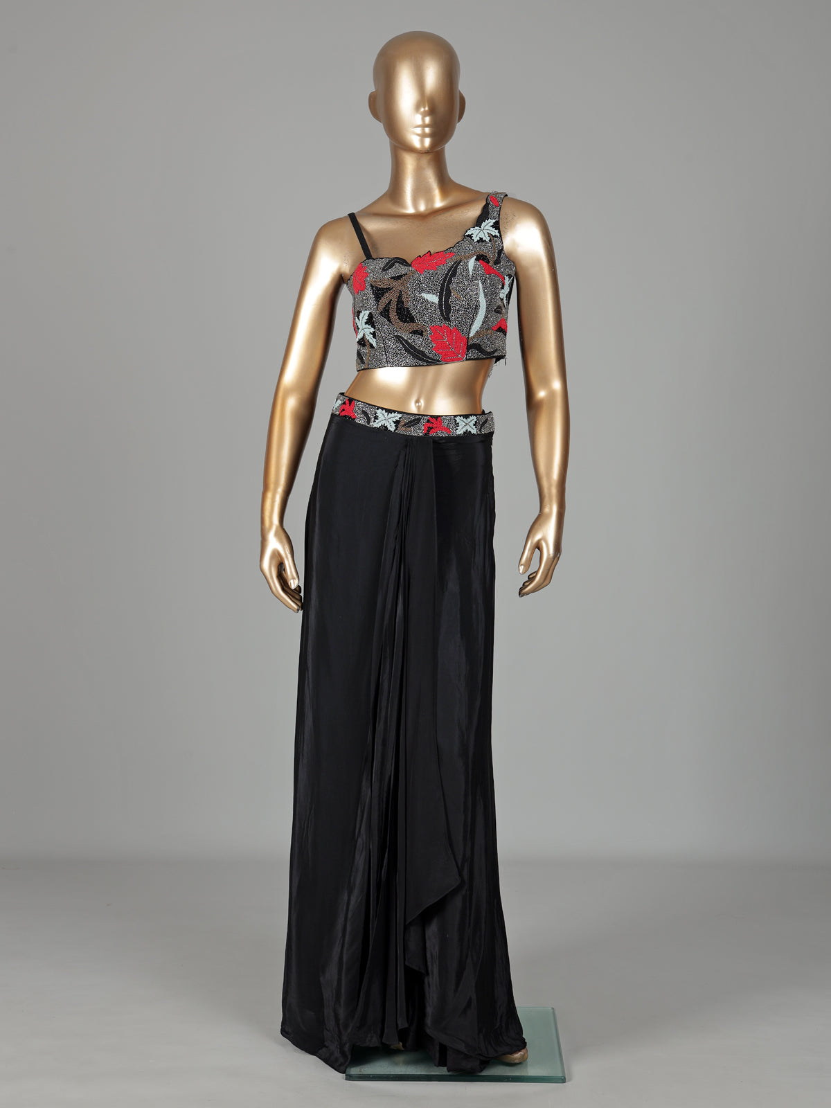 Black satin crepe silk designer palazzo suit