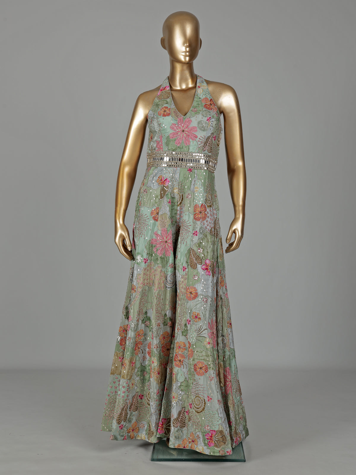 Pista green silk designer jumpsuit with floral resham embellishments