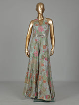 Pista green silk designer jumpsuit with floral resham embellishments