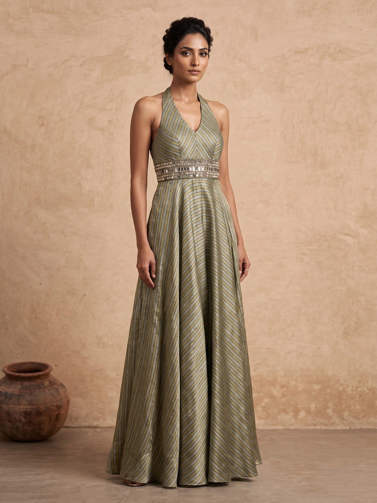 Pista green tissue silk blend jumpsuit with aabla work