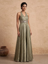 Pista green tissue silk blend jumpsuit with aabla work