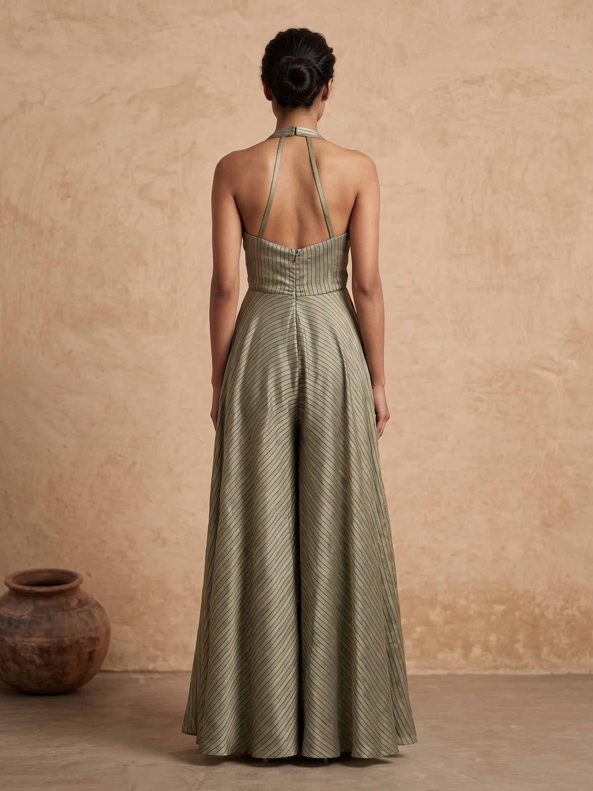 Pista green tissue silk blend jumpsuit with aabla work