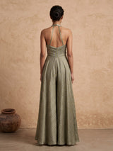 Pista green tissue silk blend jumpsuit with aabla work