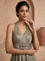 Pista green tissue silk blend jumpsuit with aabla work