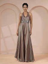 Grey tissue silk blend jumpsuit with zari detailing