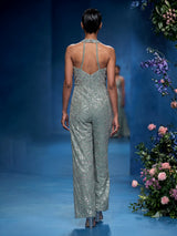 Mint green silk designer jumpsuit with aabla work