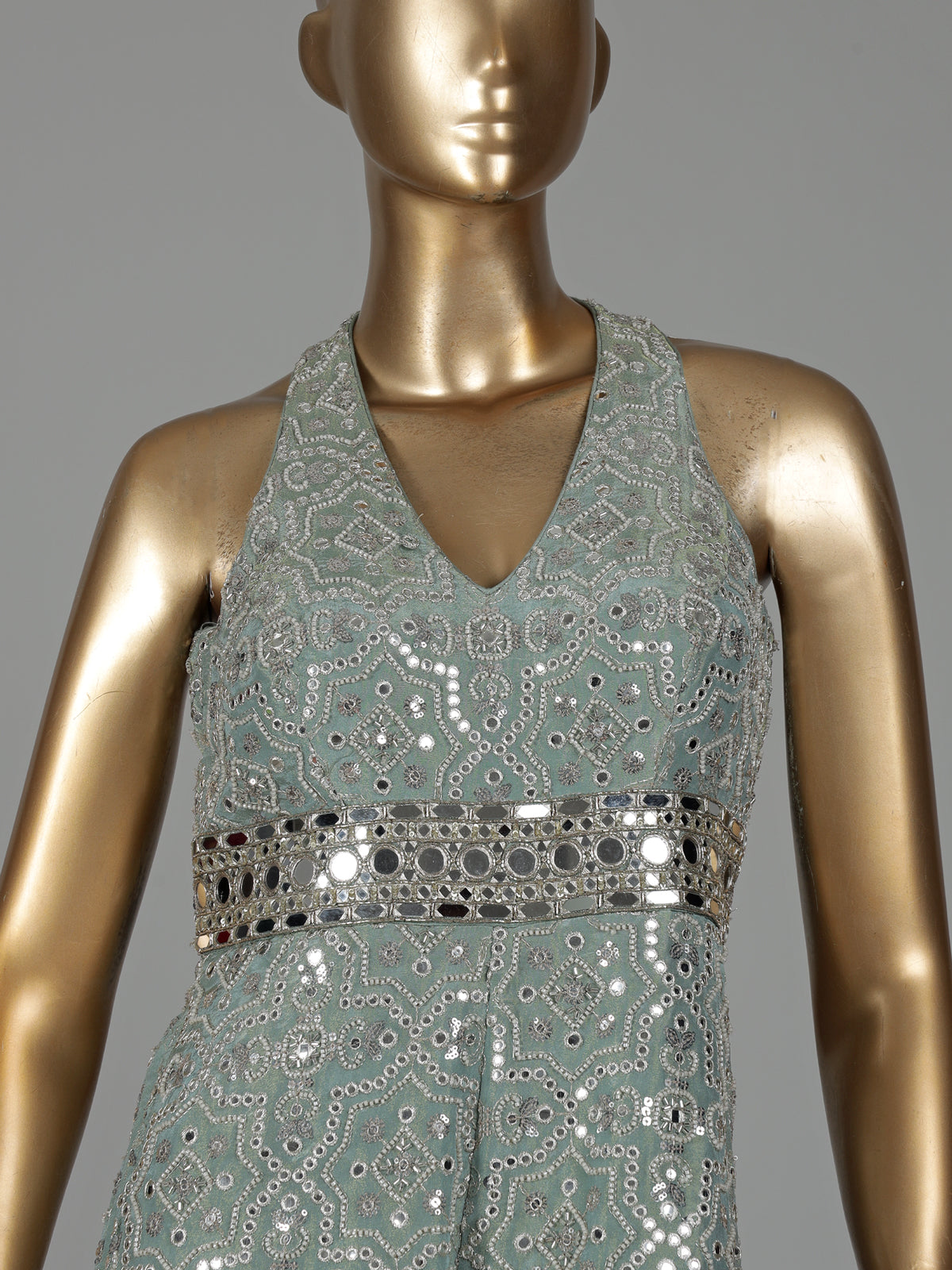 Mint green silk designer jumpsuit with aabla work