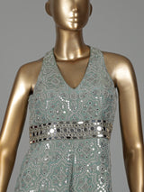 Mint green silk designer jumpsuit with aabla work