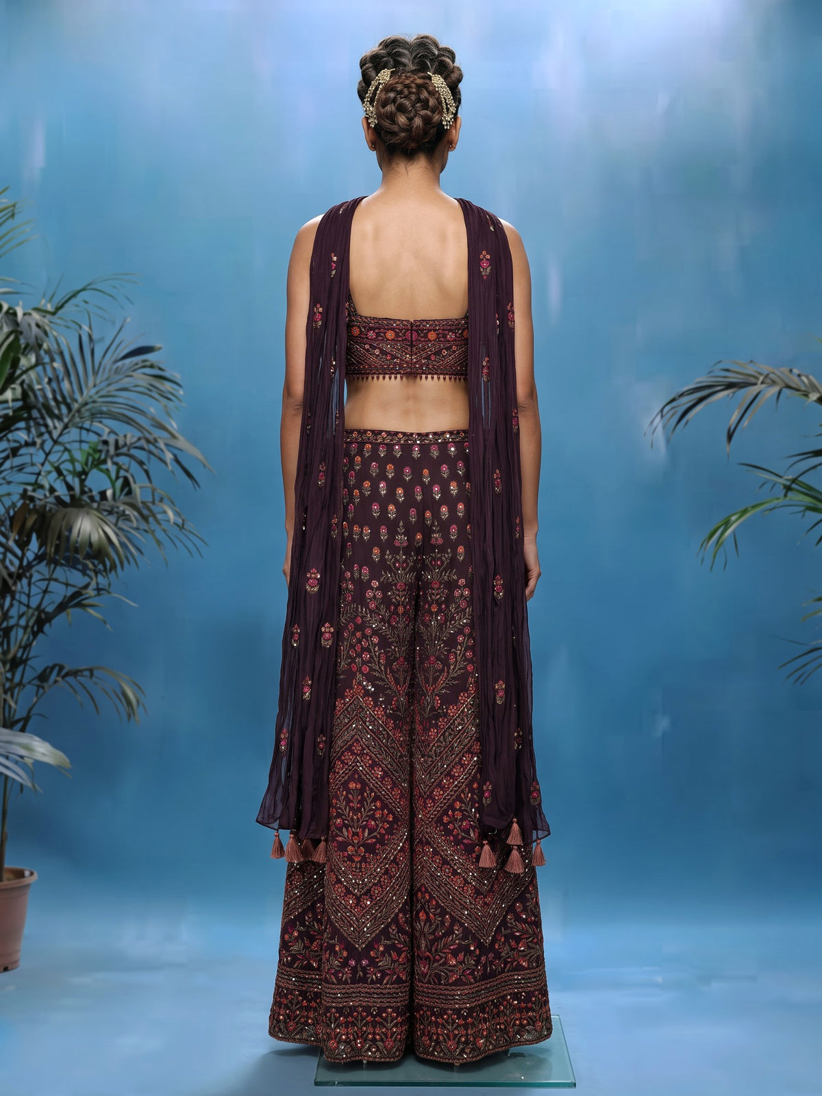 Wine georgette palazzo suit with zardosi and beadwork