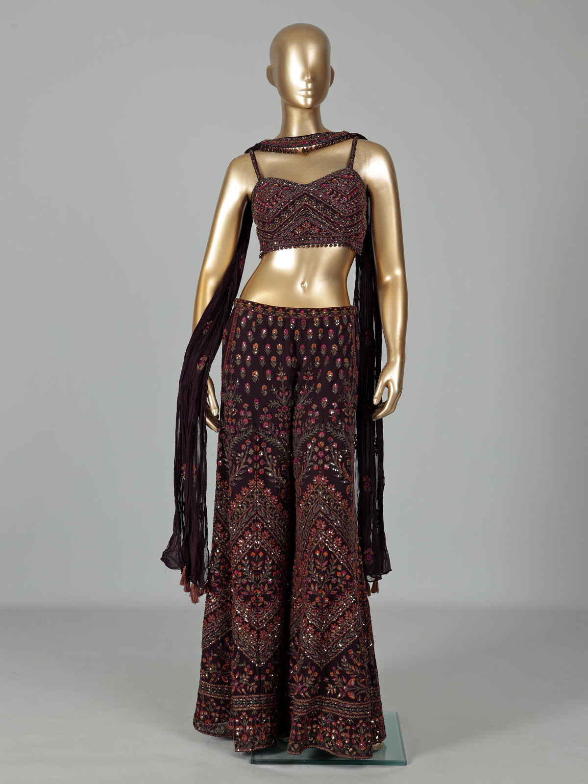 Wine georgette palazzo suit with zardosi and beadwork