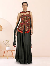 Mehendi green georgette palazzo suit with embroidered tassel detailing