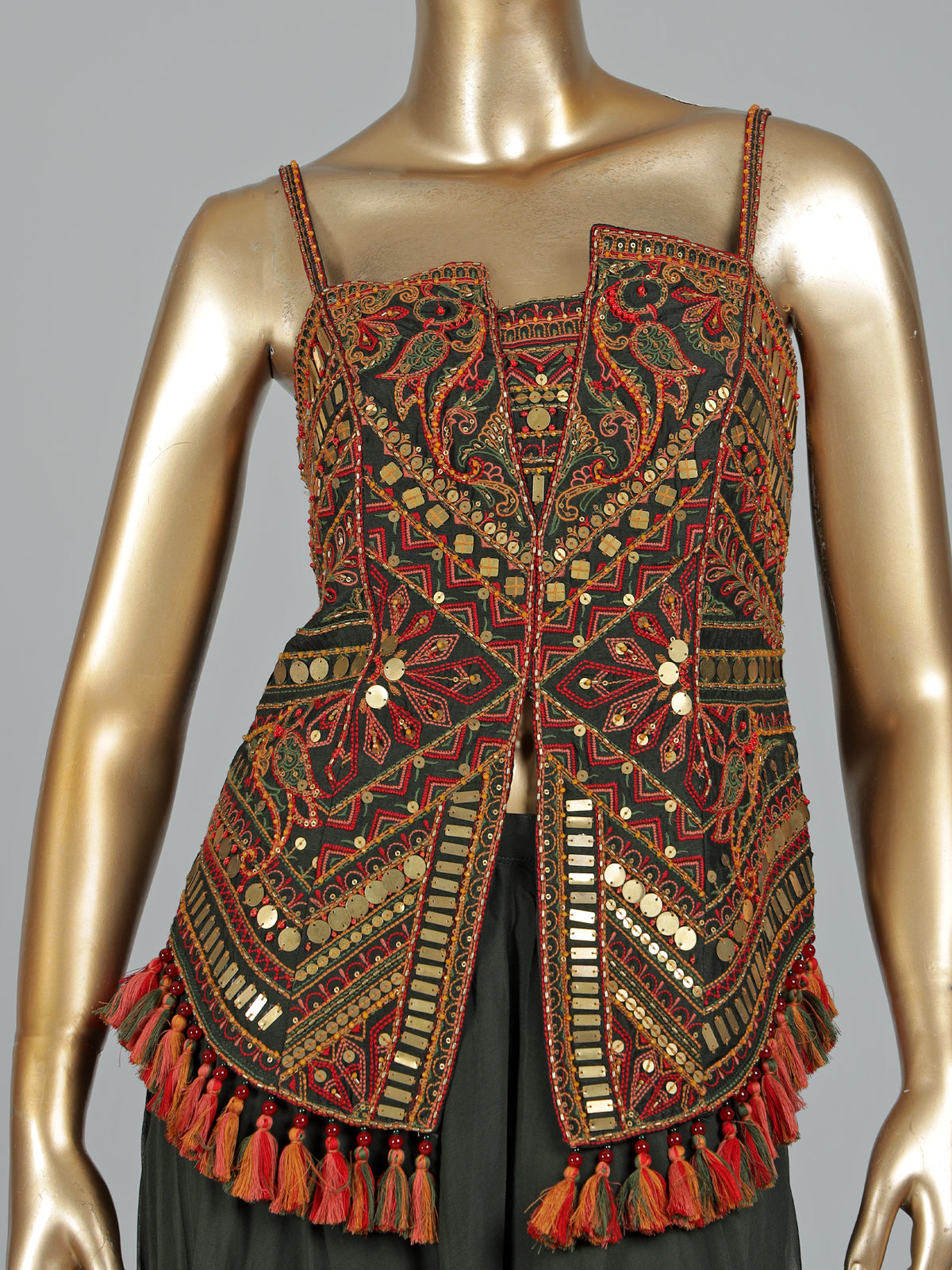 Mehendi green georgette palazzo suit with embroidered tassel detailing