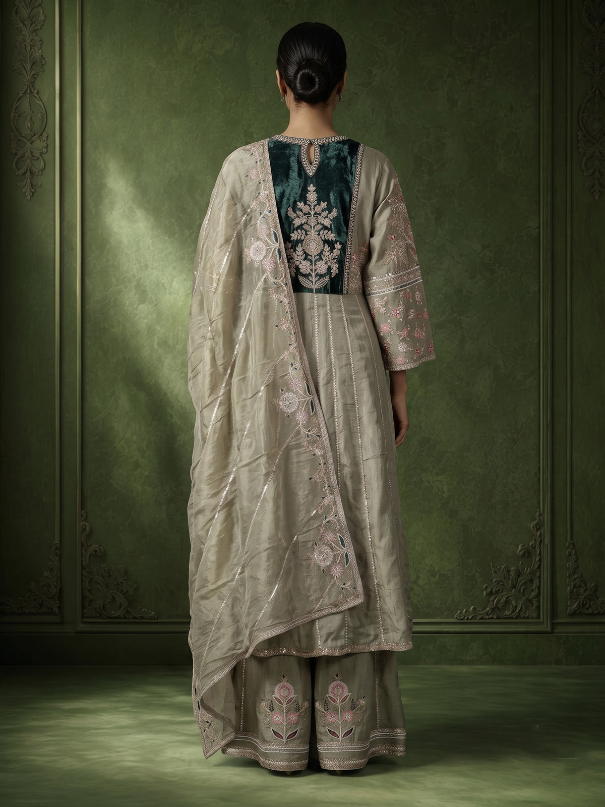 Sage green raw silk pakistani anarkali with embellished palazzo and dupatta