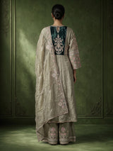 Sage green raw silk pakistani anarkali with embellished palazzo and dupatta