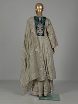 Sage green raw silk pakistani anarkali with embellished palazzo and dupatta
