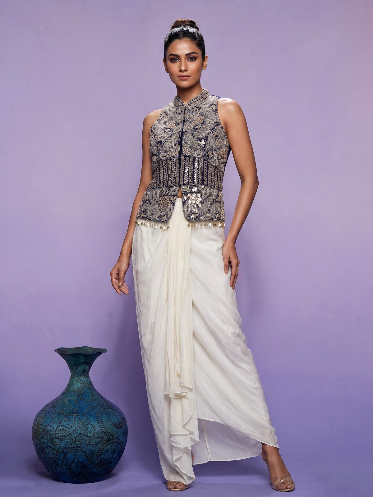 Purple white satin crepe silk indowestern suit with coin tassels