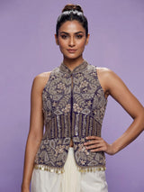 Purple white satin crepe silk indowestern suit with coin tassels