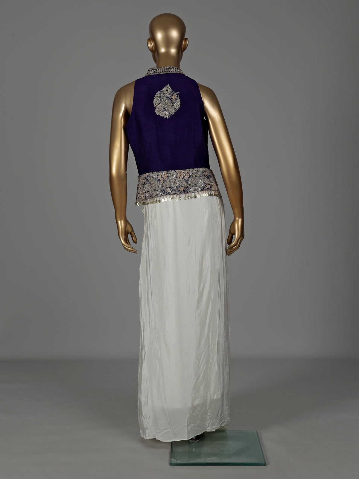 Purple white satin crepe silk indowestern suit with coin tassels