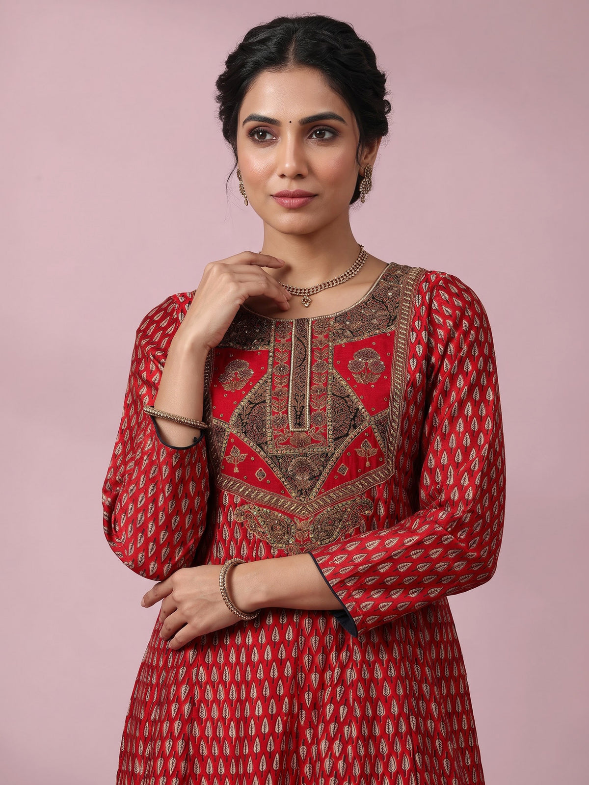 Red cotton silk printed anarkali suit with zardosi and zari embellishments