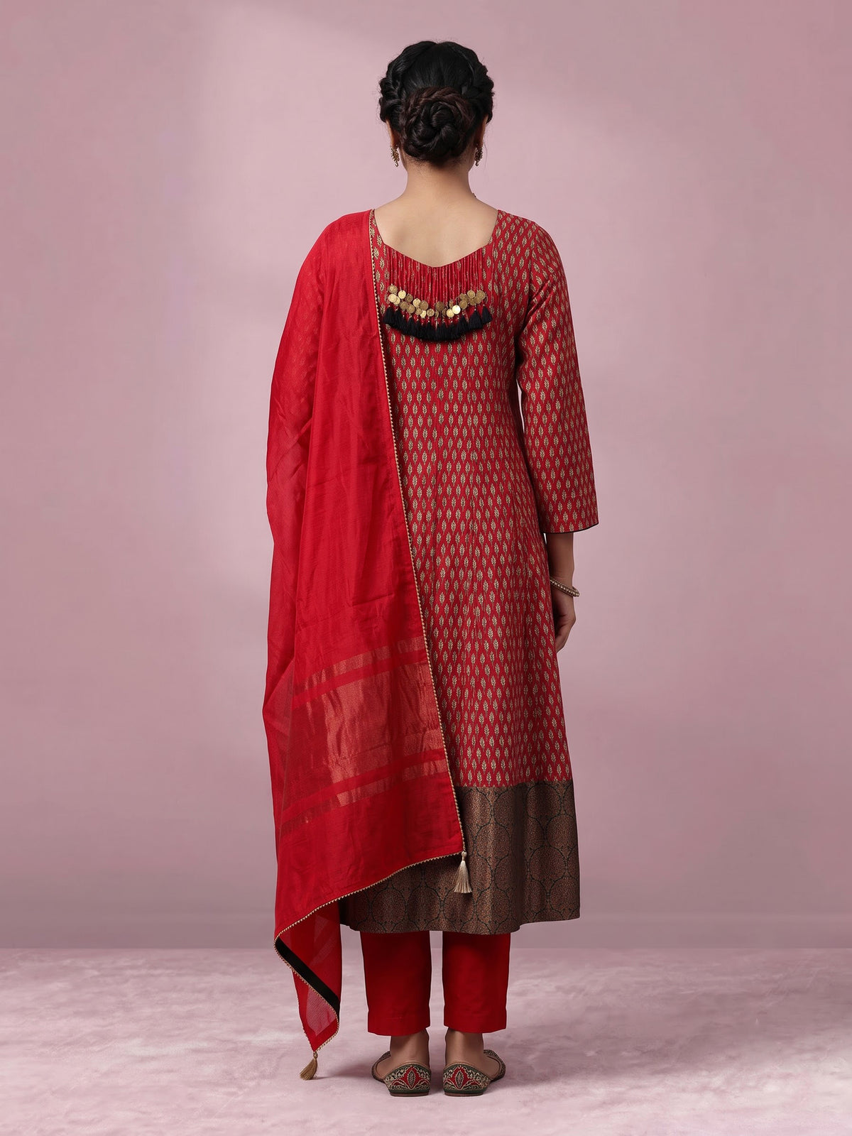 Red cotton silk printed anarkali suit with zardosi and zari embellishments