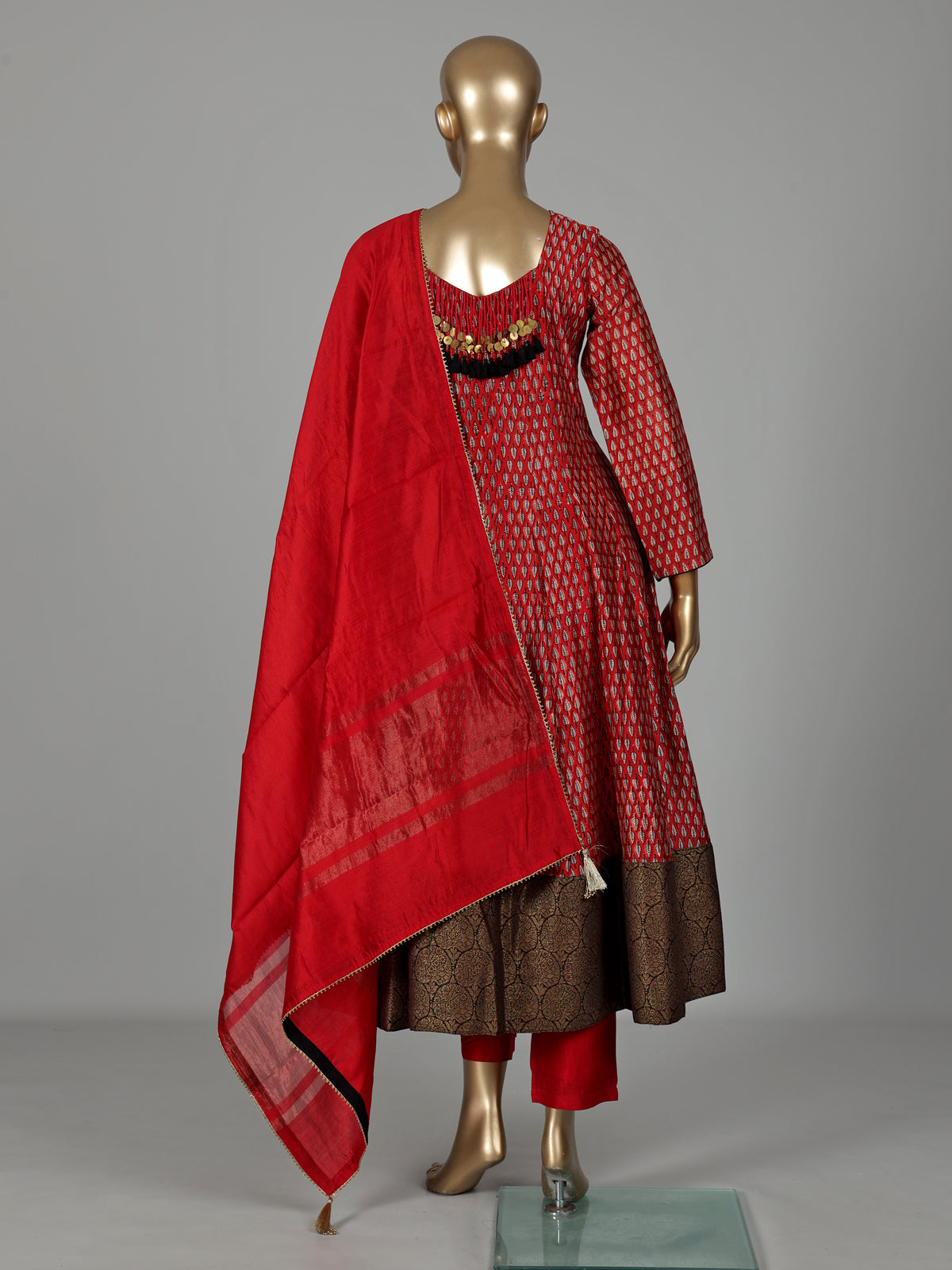 Red cotton silk printed anarkali suit with zardosi and zari embellishments