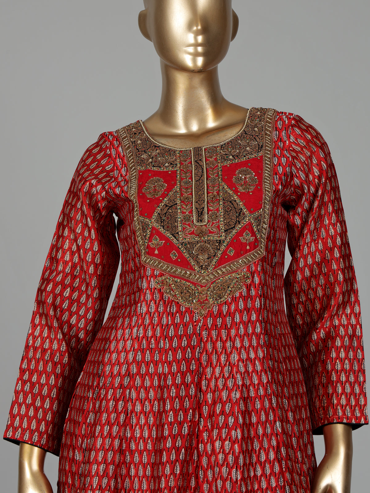 Red cotton silk printed anarkali suit with zardosi and zari embellishments