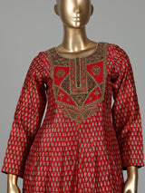 Red cotton silk printed anarkali suit with zardosi and zari embellishments
