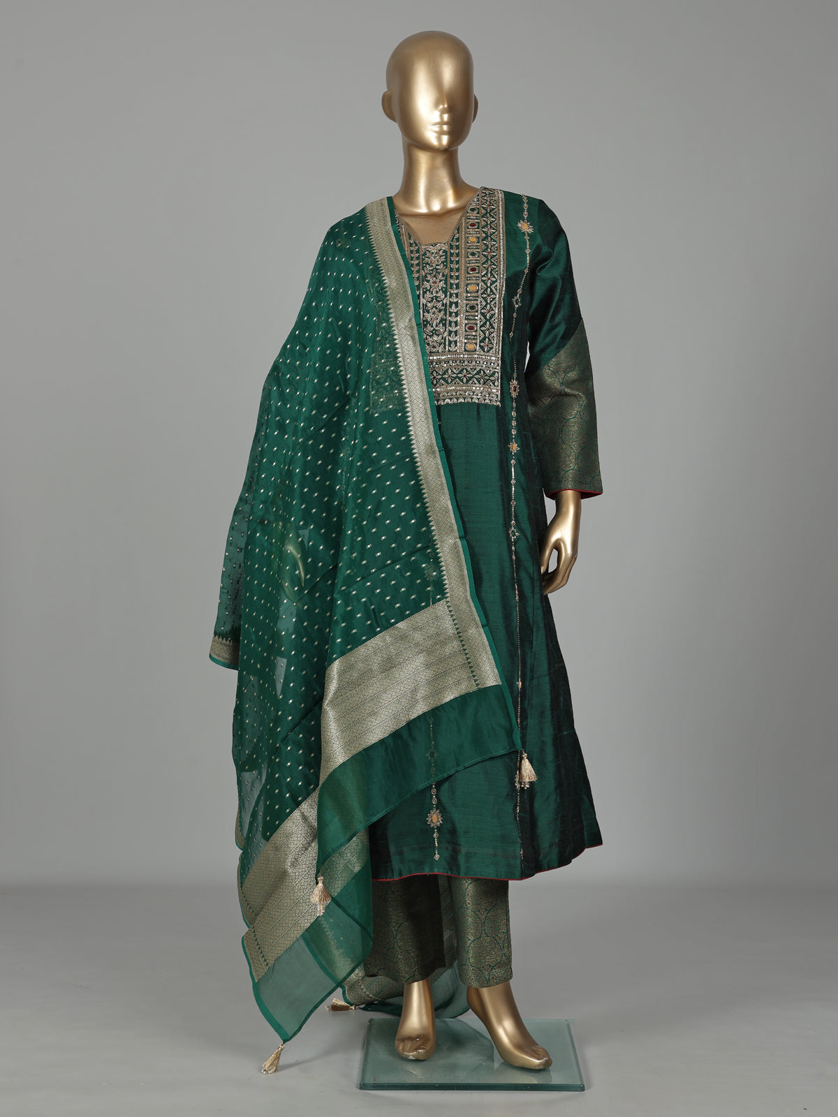 Green silk anarkali with cutdana, zardosi, stone diamond zari work