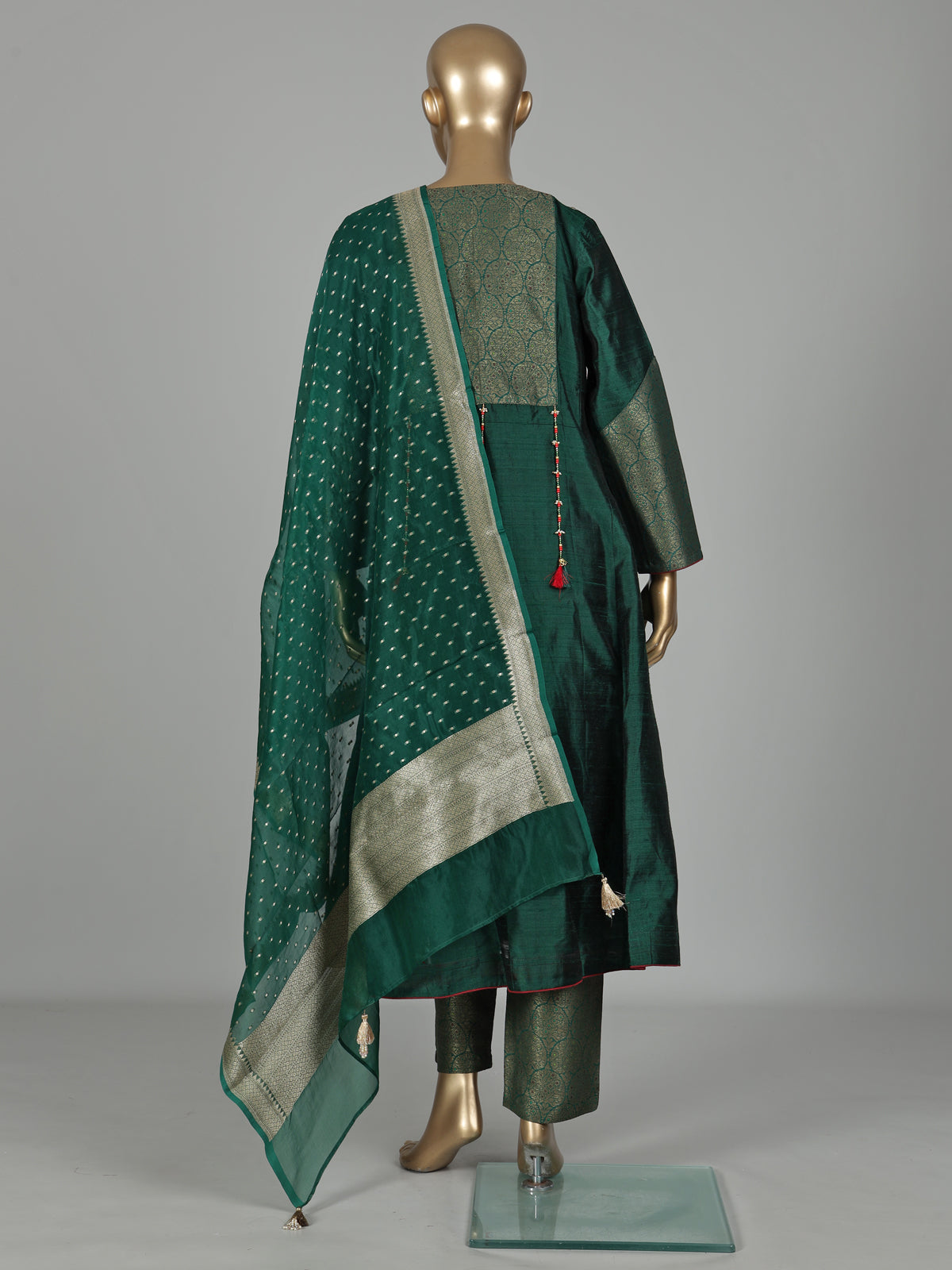 Green silk anarkali with cutdana, zardosi, stone diamond zari work
