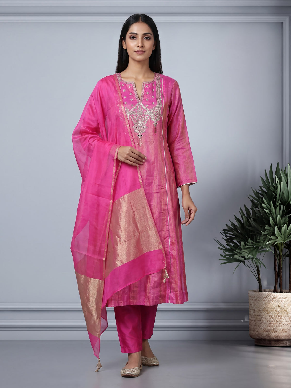 Rani pink chanderi silk anarkali with embellished sweetheart neckline