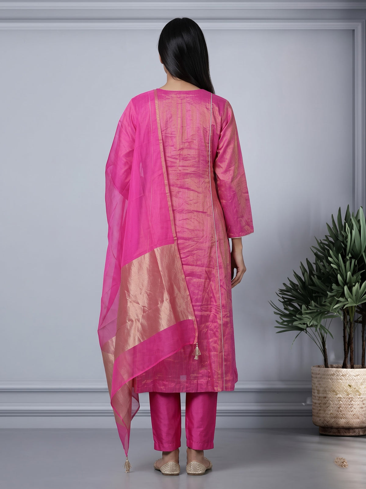 Rani pink chanderi silk anarkali with embellished sweetheart neckline