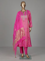 Rani pink chanderi silk anarkali with embellished sweetheart neckline