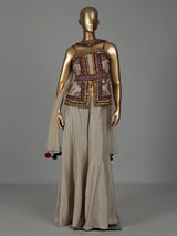 Beige silk designer palazzo suit with coin tassel detailing