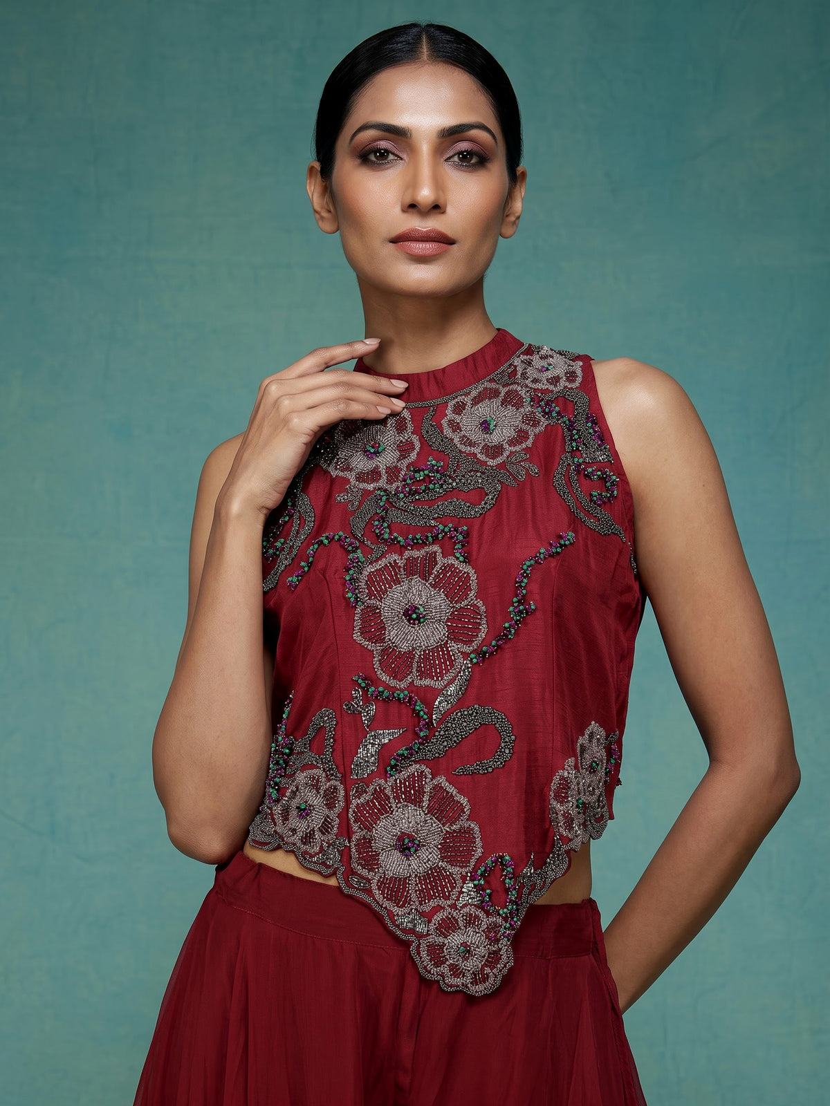 Maroon silk georgette floral palazzo suit with pearl cutdana detailing