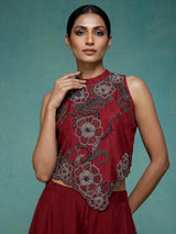 Maroon silk georgette floral palazzo suit with pearl cutdana detailing