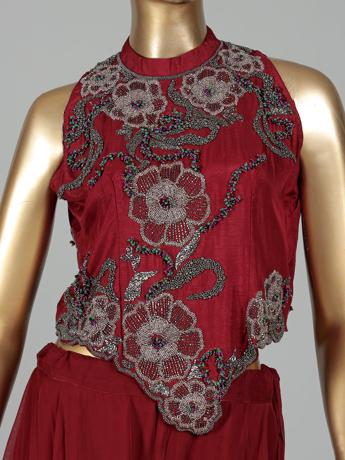 Maroon silk georgette floral palazzo suit with pearl cutdana detailing