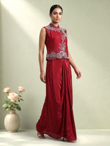 Maroon satin crepe silk indowestern suit with floral diamond embellishments