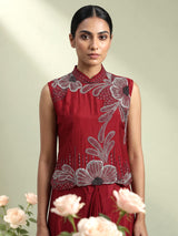 Maroon satin crepe silk indowestern suit with floral diamond embellishments