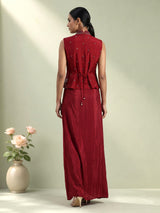 Maroon satin crepe silk indowestern suit with floral diamond embellishments