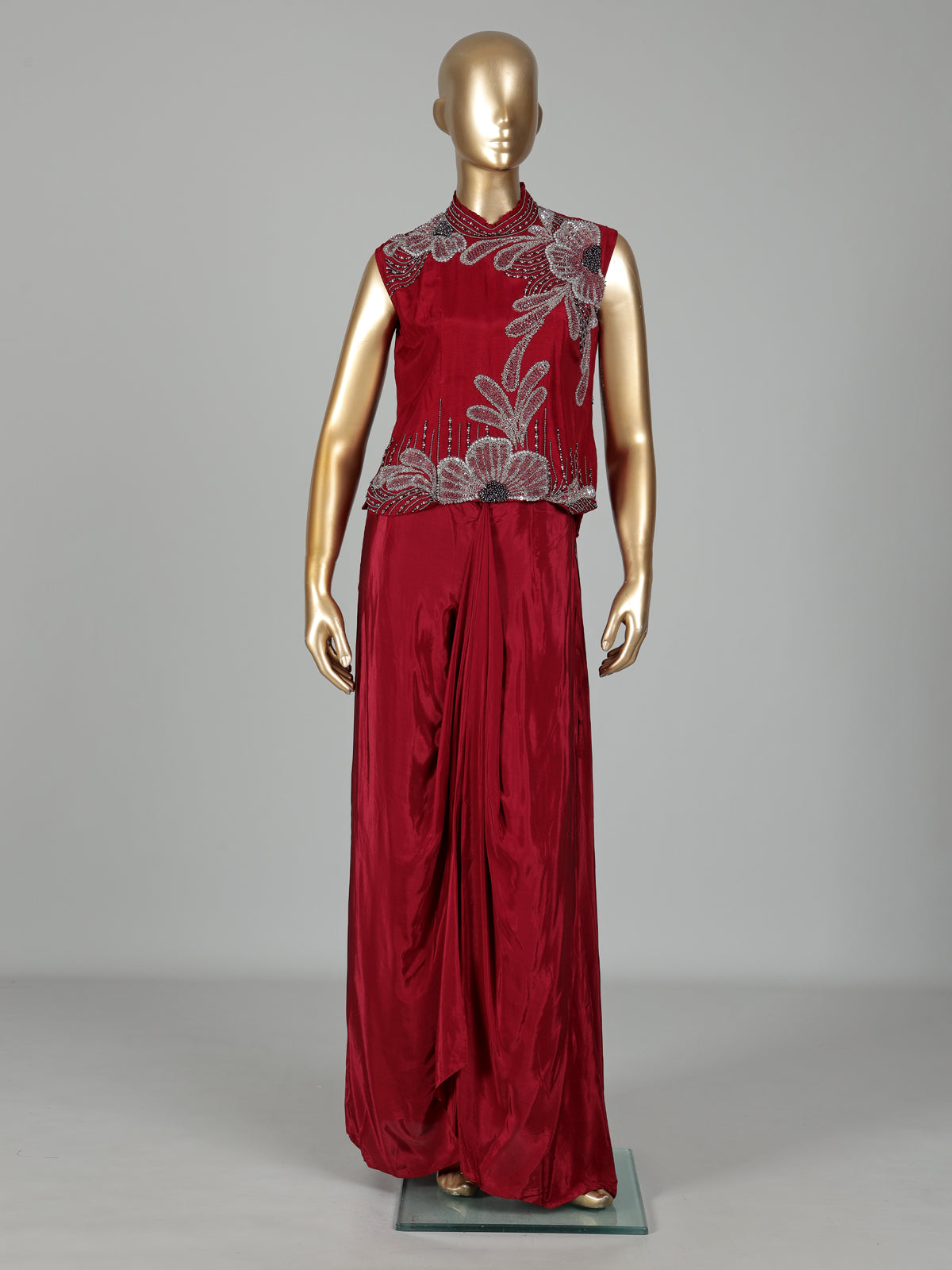 Maroon satin crepe silk indowestern suit with floral diamond embellishments