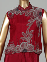 Maroon satin crepe silk indowestern suit with floral diamond embellishments