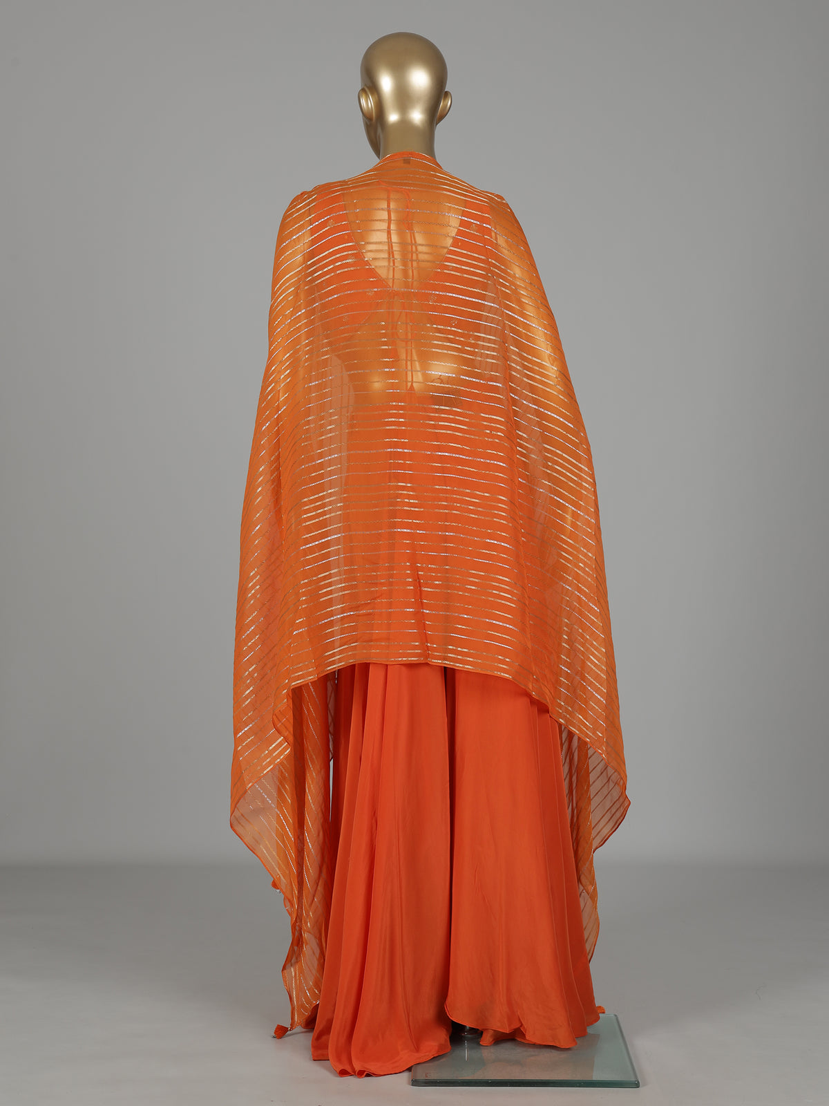 Orange satin silk designer salwar suit with embellished shrug