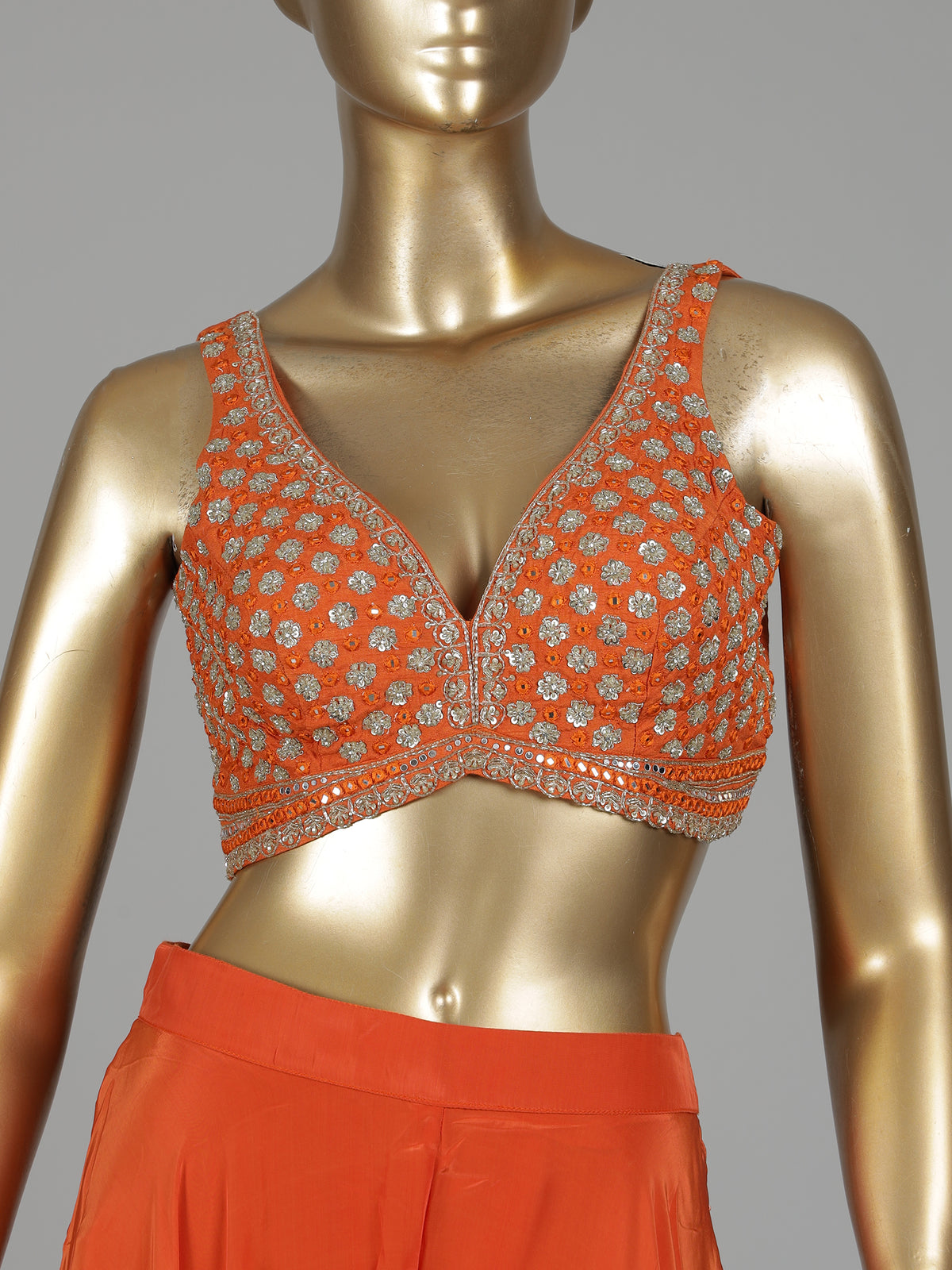 Orange satin silk designer salwar suit with embellished shrug