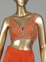 Orange satin silk designer salwar suit with embellished shrug