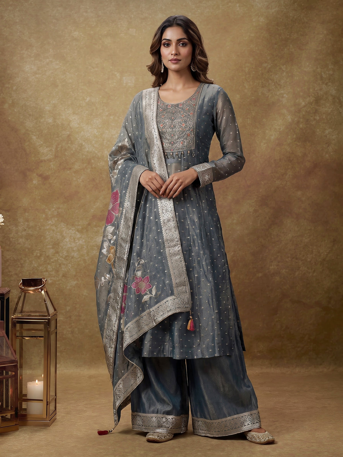 Stone grey tissue silk anarkali with embellished sweetheart yoke detailing