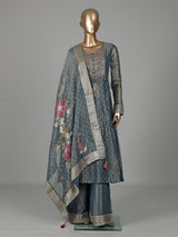 Stone grey tissue silk anarkali with embellished sweetheart yoke detailing