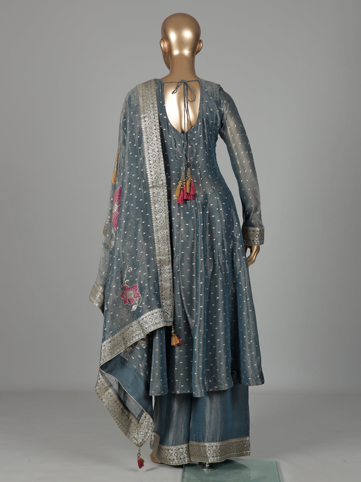 Stone grey tissue silk anarkali with embellished sweetheart yoke detailing