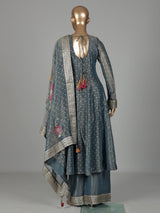 Stone grey tissue silk anarkali with embellished sweetheart yoke detailing