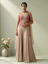 Beige satin silk palazzo suit with pink thread work